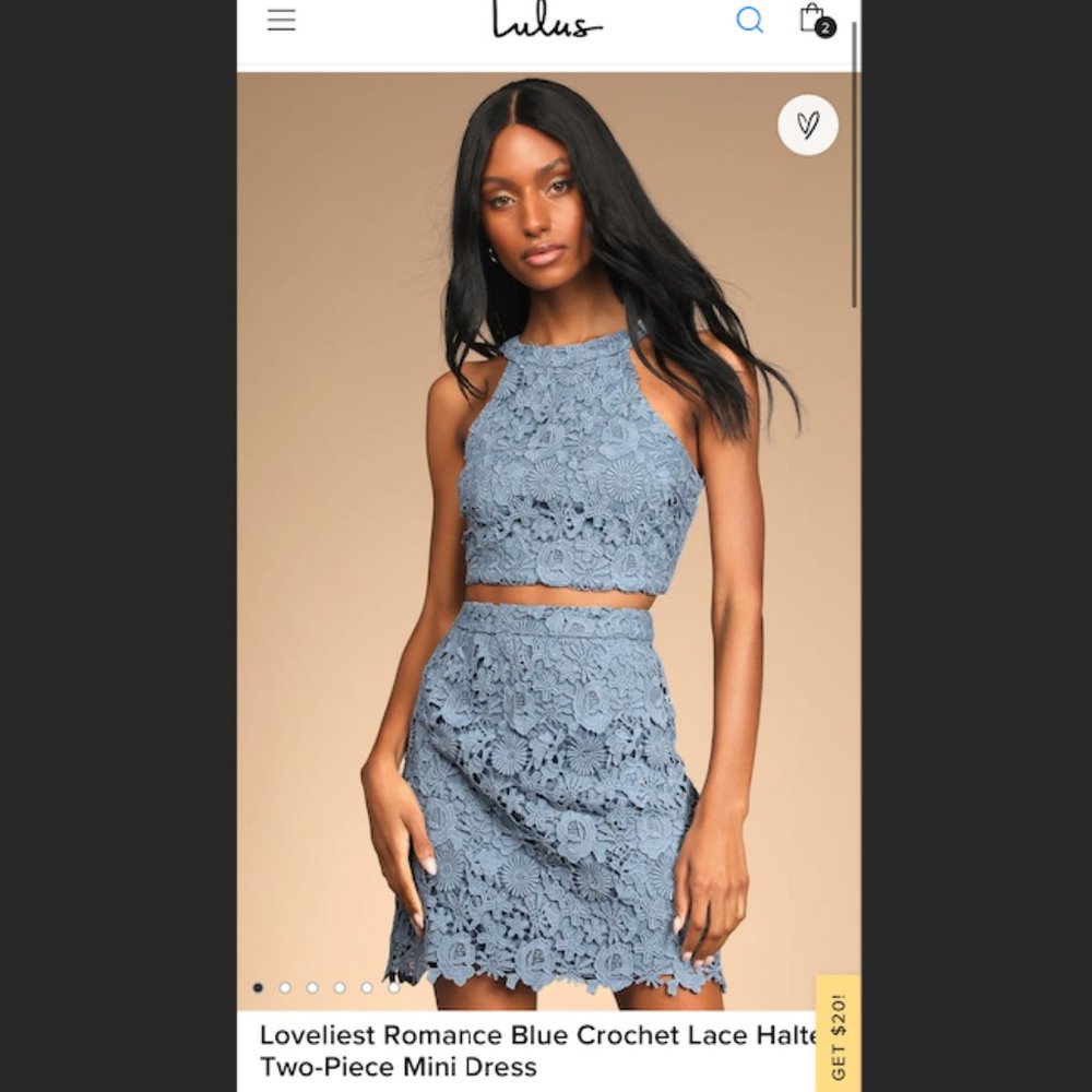 Lulu's Loveliest Romance Blue Crochet Lace Halter Two-Piece Mini Dress